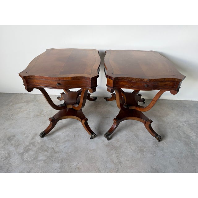 1960s Vintage Eclectic Mahogany Curule-Base Side Tables With Brass Inlay – Pair For Sale - Image 5 of 18