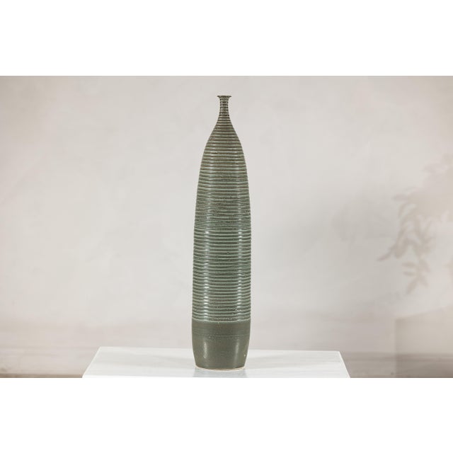 Tall Artisan Ceramic Hand-Crafted Vase with Ribbed Body and Green Glaze For Sale - Image 11 of 16