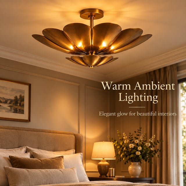 Handmade Brass Lotus Ceiling Light, Floral Scalloped Fixture, Antique Finish For Sale - Image 9 of 10