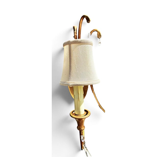 Metal 1990s Mid-Century Modern Gold Leaf 2-Light Crystal Wall Sconce For Sale - Image 7 of 14