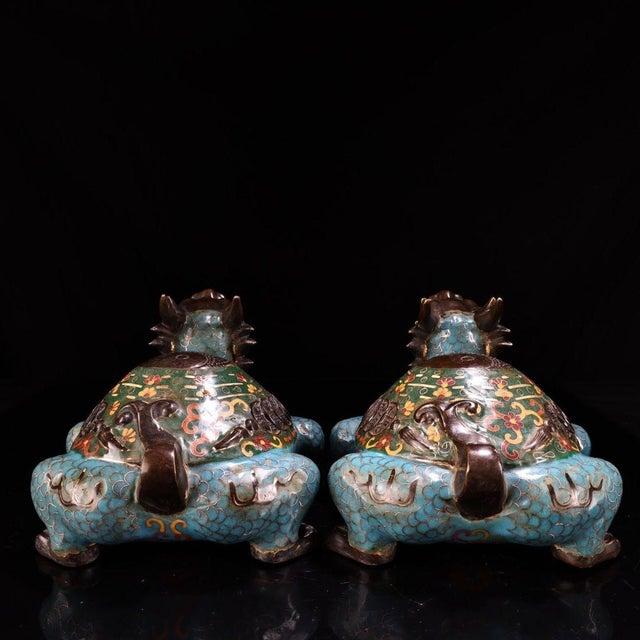 Late 19th Century Pair of Antique Cloisonné Dragon-Turtle Figurines, 6000g Total, Enamel For Sale - Image 5 of 10