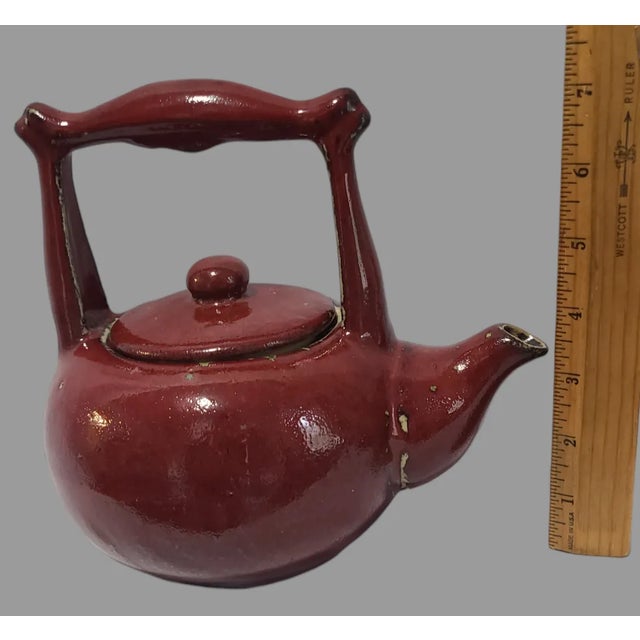 Ceramic Vintage Asian Red Glazed Earthenware Tea Pot & 2 Cups For Sale - Image 7 of 12