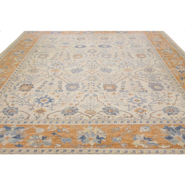 Apadana's Artisan Collection Handmade Beige and Orange Designed Wool Rug For Sale - Image 9 of 11