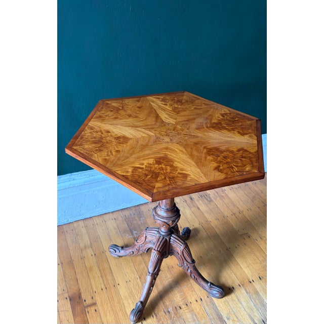 Wood Late 19th Century Carved Burled Ash Tilt-Top Hexagon Table For Sale - Image 7 of 10