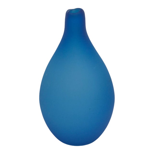 Vintage Hand-Blown Satin Glass Blue Italian Teardrop Form Bud Vase For Sale