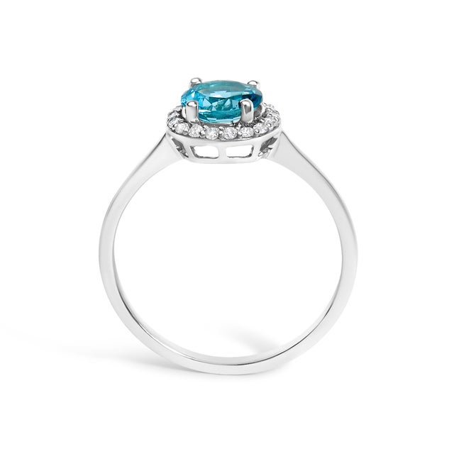 Early 21st Century 10K White Gold Blue Topaz and 1/10 Cttw Diamond Halo Ring For Sale - Image 5 of 7