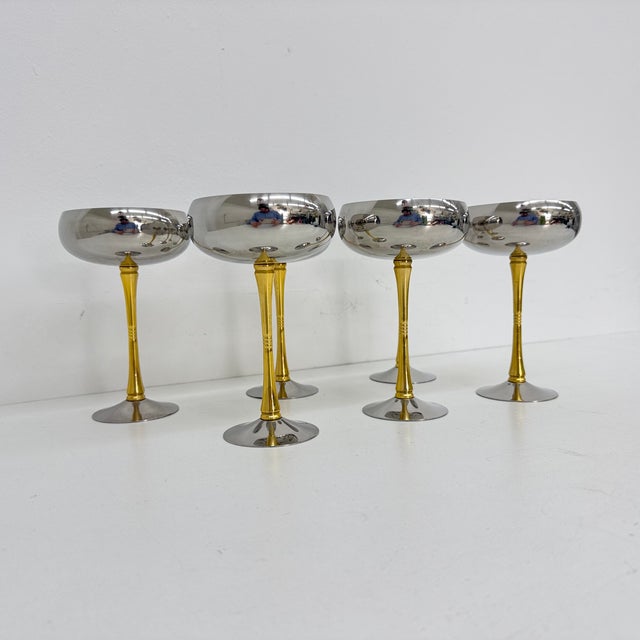 Silver Mid-Century Italian Stainless Steel and Brass Champagne Coupes, 1970s, Set of 6 For Sale - Image 8 of 14