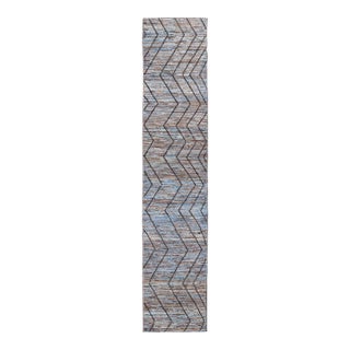 Modern Runner in All-Over Tribal Design in Charcoal, Sky Blue, Blue and Cream 3'0 X 15'8 For Sale