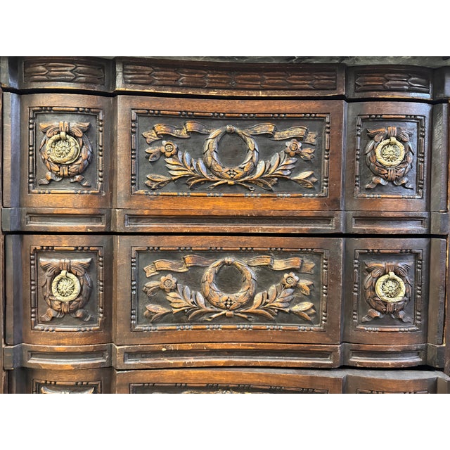 1900s Antique French Louis XVI Style Carved Oak Marble Top Commode For Sale - Image 11 of 12