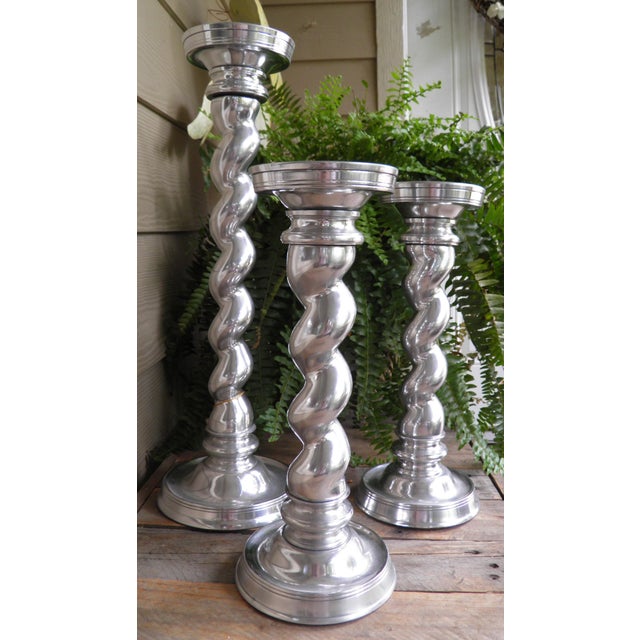Traditional Quality Set of 3 Cast Aluminum Weighted Barley Twist Pillar Candle Holders For Sale - Image 3 of 8