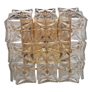 Vintage Flat Ceiling Lamp with Gold-Plated Metal Bracket and Shade with Crystal Glass Elements, 1970s For Sale