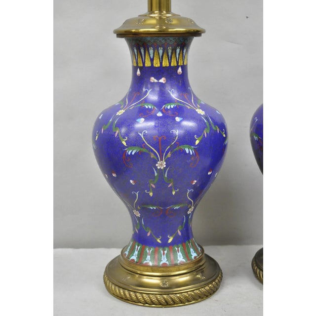 Vintage Chinoiserie Blue Enamel Chinese Brass Jardinierie Table Lamps - A Pair For Sale - Image 4 of 14