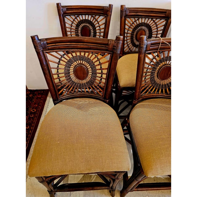1980s Bamboo Rattan & Upholstered Vintage Counter Stools With Backs -Set of 4 For Sale - Image 5 of 12