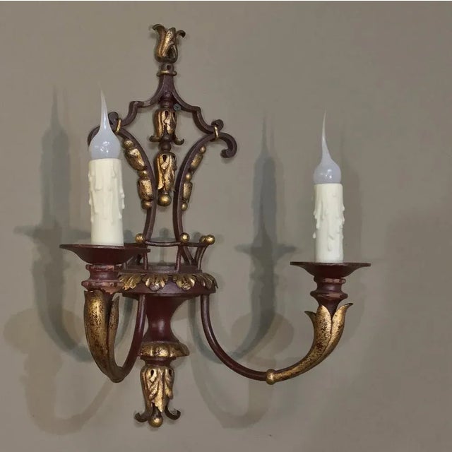 Wood Pair of Antique Italian Wrought Iron and Painted Wood Sconces For Sale - Image 7 of 12