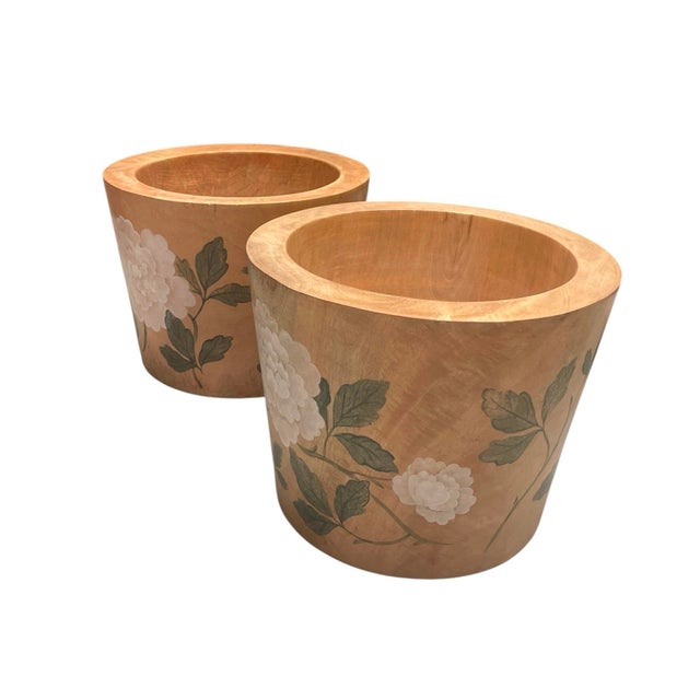 A Pair of Vintage Solid Teak Hand-Painted Floral Cache Pots For Sale - Image 4 of 12