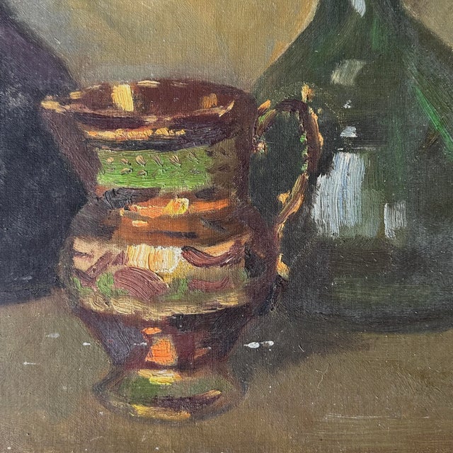 Vintage Expressionist Still Life With Bottles, Oil on Canvas Board For Sale - Image 4 of 7
