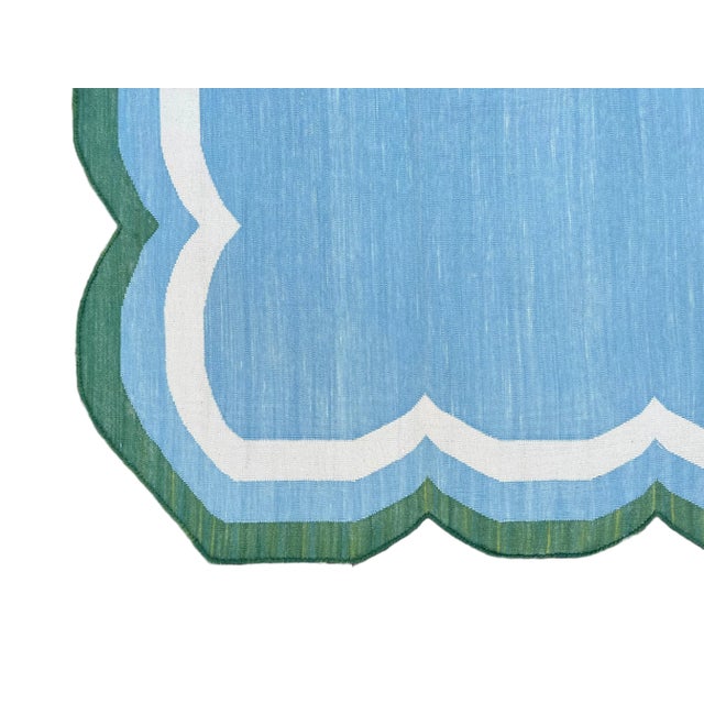 Handmade Cotton Area Scalloped Rug Sky Blue, Cream and Forest Green Border Dhurrie - 6'x9' For Sale - Image 10 of 11