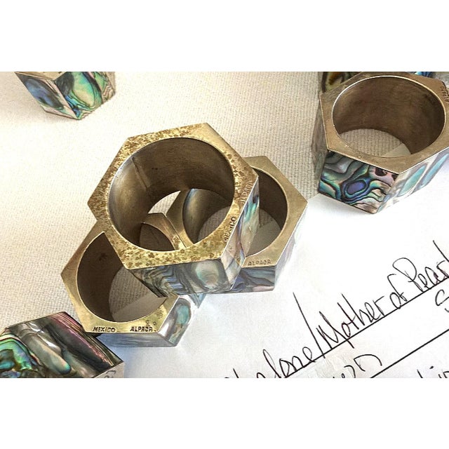 Vintage Mexican Alpaca Abalone Inlay Napkin Rings Set of 8 For Sale - Image 4 of 10