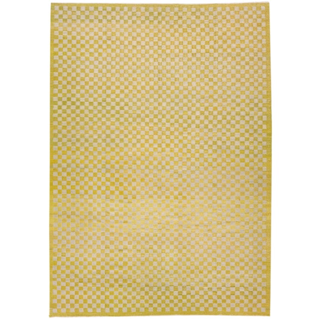 Textile Vintage Kilim Yellow Handmade Wool Rug With Checker Motif For Sale - Image 7 of 7