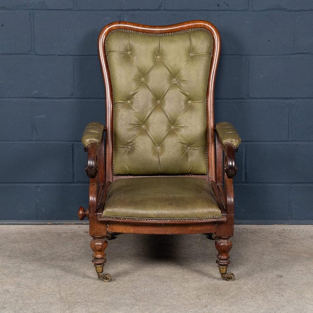 Antique English Mahogany Reclining Armchair with Green Leather Upholstery, 19th Century For Sale - Image 5 of 18