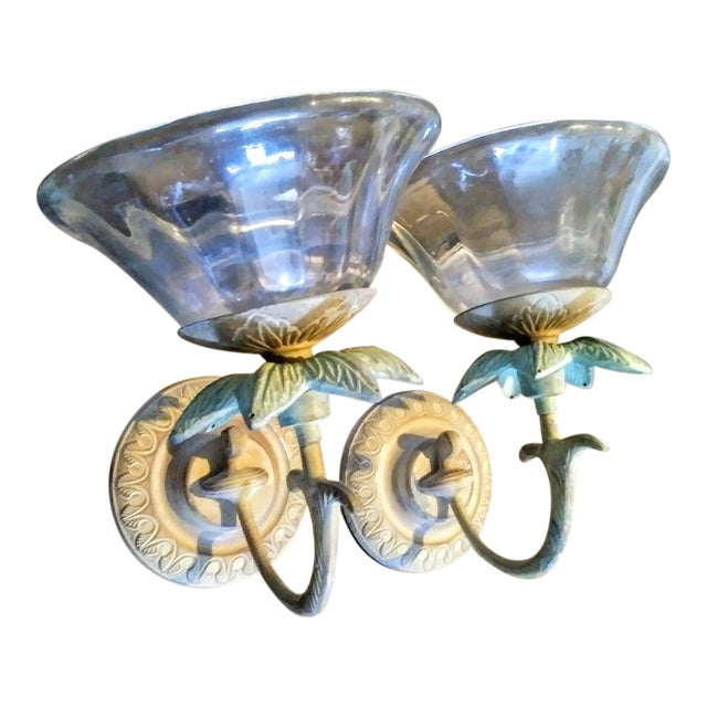 A Pair Vintage Palm Tree Metal Glass Candle Holder Wall Sconces Chairish