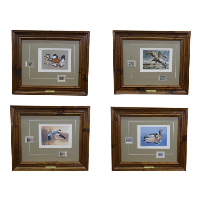 1980s 4 Ducks Unlimited Federal Duck Signed Stamp Prints Brass Plaque Pine Frame 25" - Set of 4 For Sale