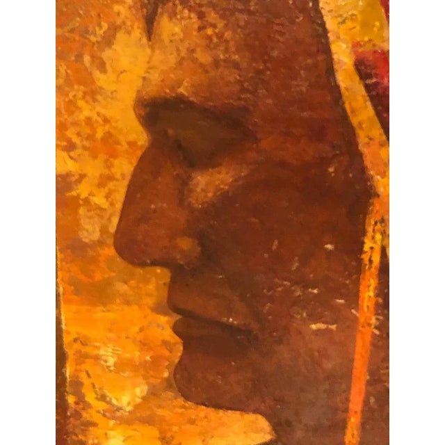 Orange 1970s Mid Century Oil on Board of an Indian Warrior For Sale - Image 8 of 13