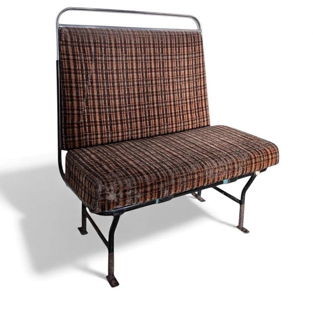 Vintage Industrial Bench with Orange Check Upholstery and Chrome Rail For Sale - Image 9 of 9