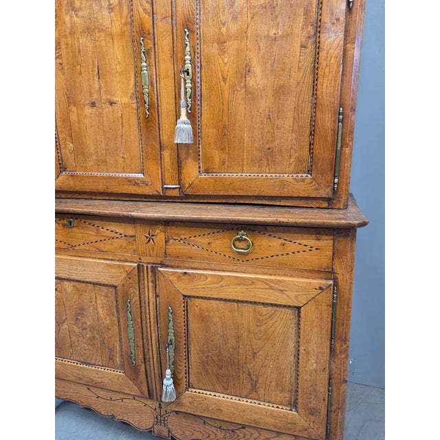 Antique French Elm Deux Corps Buffet Cabinet With Inlay and Fitted Interior For Sale - Image 16 of 18