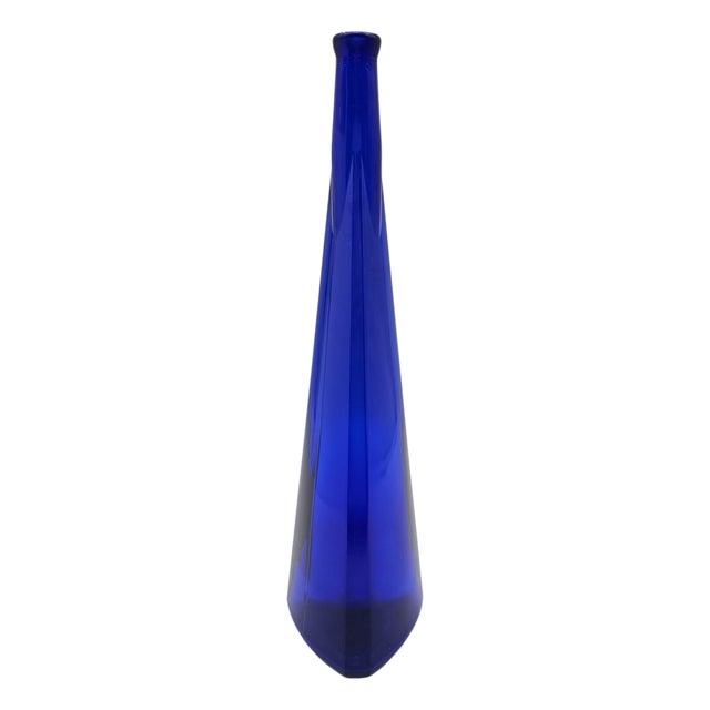 Contemporary Pair of Tall Cobalt Blue Art Glass Bottles, Sculptural Cone Forms For Sale - Image 3 of 9