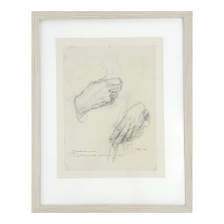 Mid Century German Pencil Drawing of Hands on Paper, Signed For Sale