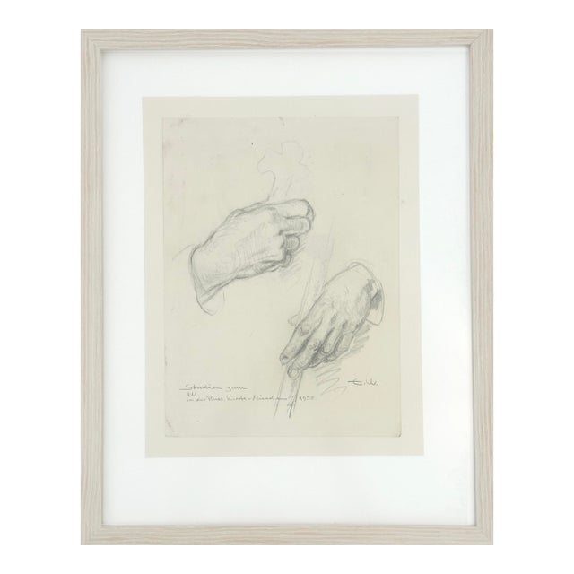Mid Century German Pencil Drawing of Hands on Paper, Signed For Sale