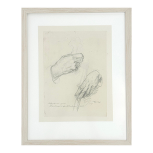 Mid Century German Pencil Drawing of Hands on Paper, Signed