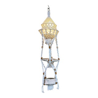 Vintage 1970s Macramé Swag Lamp With Glass Shelves – Large Boho Hanging Table For Sale
