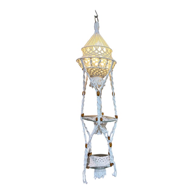 Vintage 1970s Macramé Swag Lamp With Glass Shelves – Large Boho Hanging Table For Sale