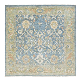 10' X 10' Modern Sultanabad Hand-Knotted Wool Area Rug - Slate Blue & Sage For Sale