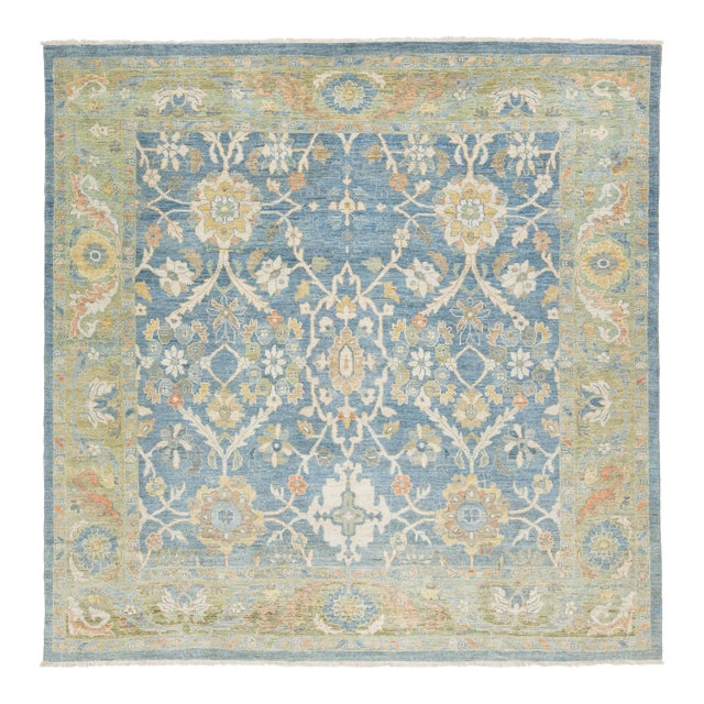 10' X 10' Modern Sultanabad Hand-Knotted Wool Area Rug - Slate Blue & Sage For Sale