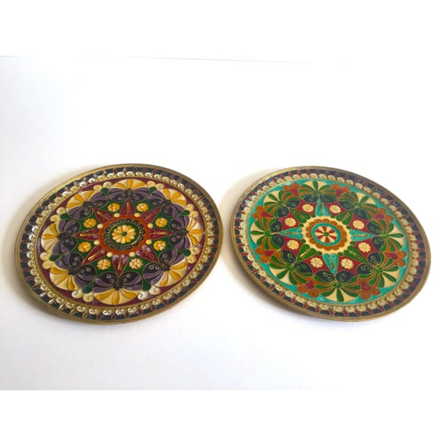 Vintage Mid Century Moroccan Brass Multicolor Inlaid Enamel Decorative Wall Plates - Set of 2 For Sale - Image 9 of 13