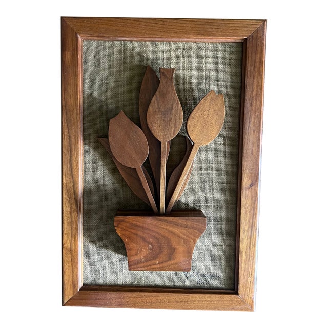 1975 Mid-Century Modern Handcrafted 3D Wood Art Tulips Flowers Framed For Sale