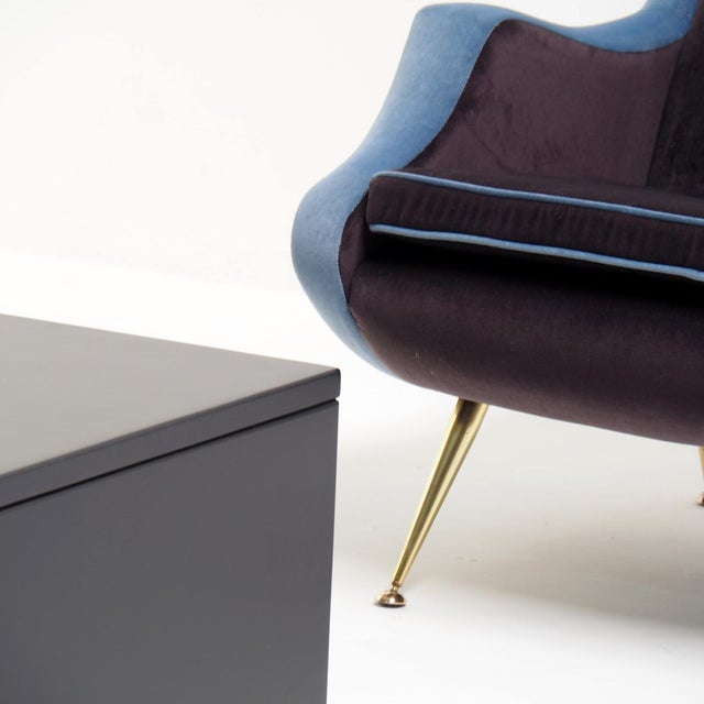 High-Back Lounge Chair in Blue and Mauve Velvet, 1950s For Sale - Image 10 of 11