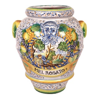 Large Italian Polychrome Decorated Terra Cotta Urn For Sale