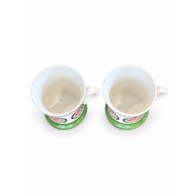 Traditional Antique German Floral Mugs With Pink Roses and Green Bands — Pair For Sale - Image 3 of 8