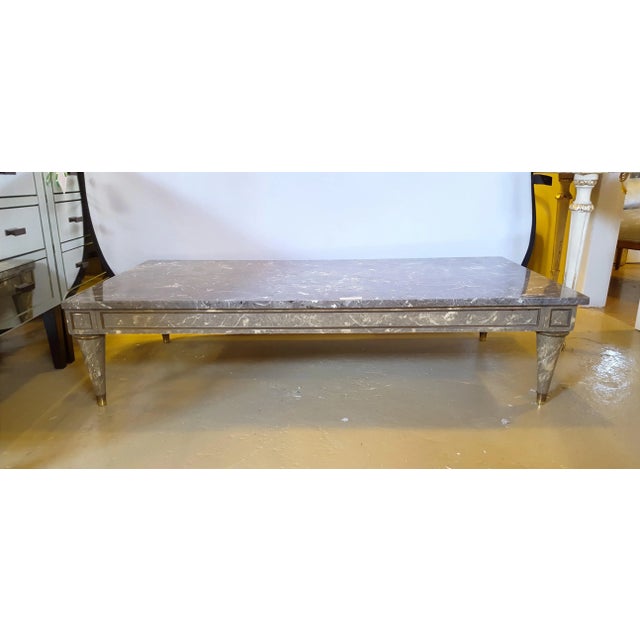 Neoclassical Directoire Style Thick Marble-Top Coffee Table With Matching Faux Marble Base For Sale - Image 3 of 8