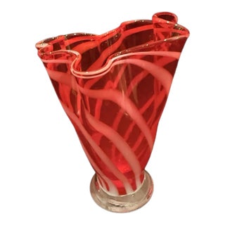 Vintage MCM Murano Style Hand Blown Swirl Ruffle Rim Art Glass Vase For Sale