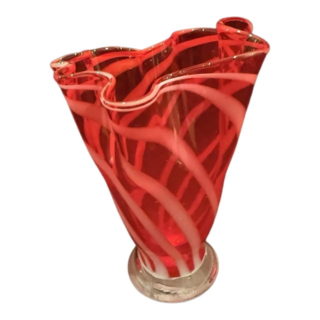 Vintage MCM Murano Style Hand Blown Swirl Ruffle Rim Art Glass Vase For Sale