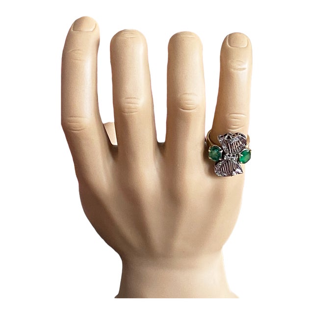 Art Deco Art Deco 18 K Gold Ladies Twin Emerald & Diamond Ring Size 8 For Sale - Image 3 of 11