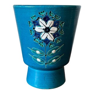 Turquoise Floral Footed 7.5" Vessel Vase Italy For Sale