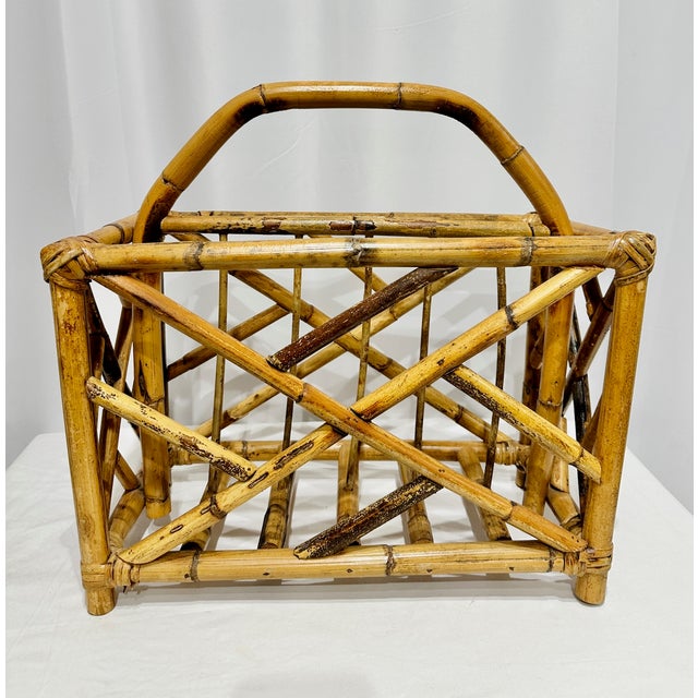 Vintage Scorched Bamboo & Bent Rattan Magazine Holder For Sale - Image 4 of 5