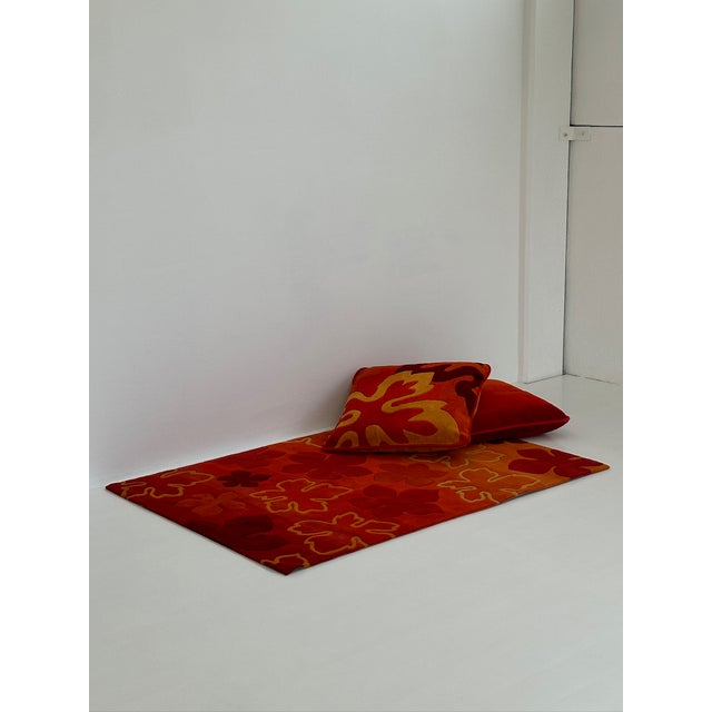 Red Vintage Floral Rug with Cushion, 1970s For Sale - Image 8 of 11