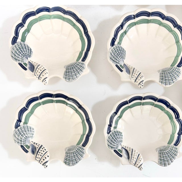 Shell Vintage Coastal Shell Dishes Nautical Appetizer Plates, Blue Green Scallop Edge Seafood Serveware - Set of 8 For Sale - Image 7 of 10